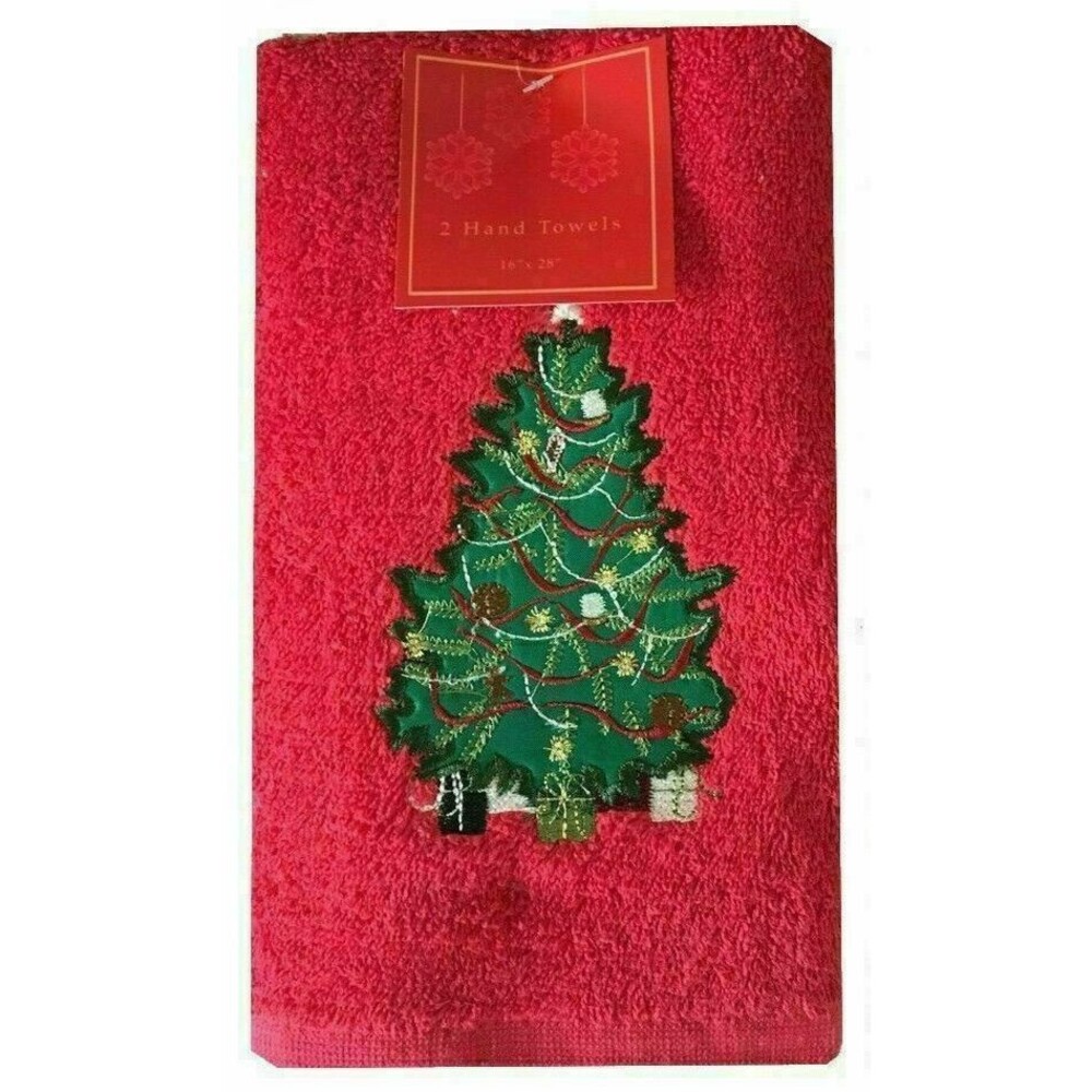Christmas Tree Red Hand Towels Cotton Embroidered Guest Bathroom 16x28 Set of 2